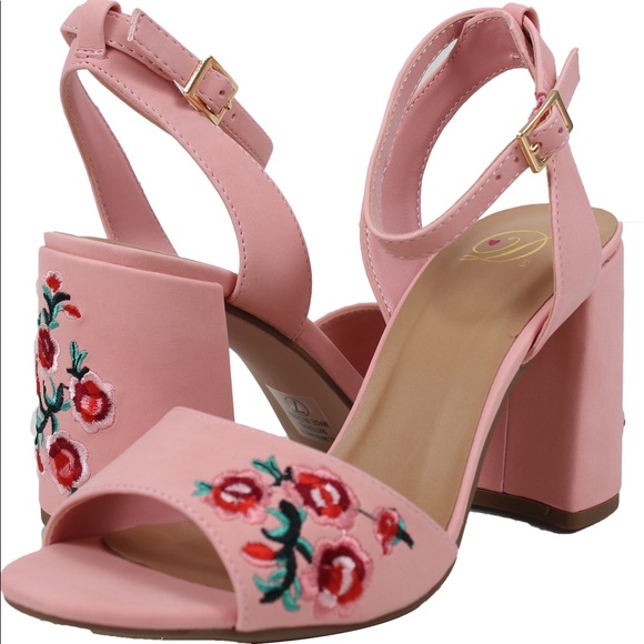 Shoes - Pink flower embroidered open toe ankle strap heel